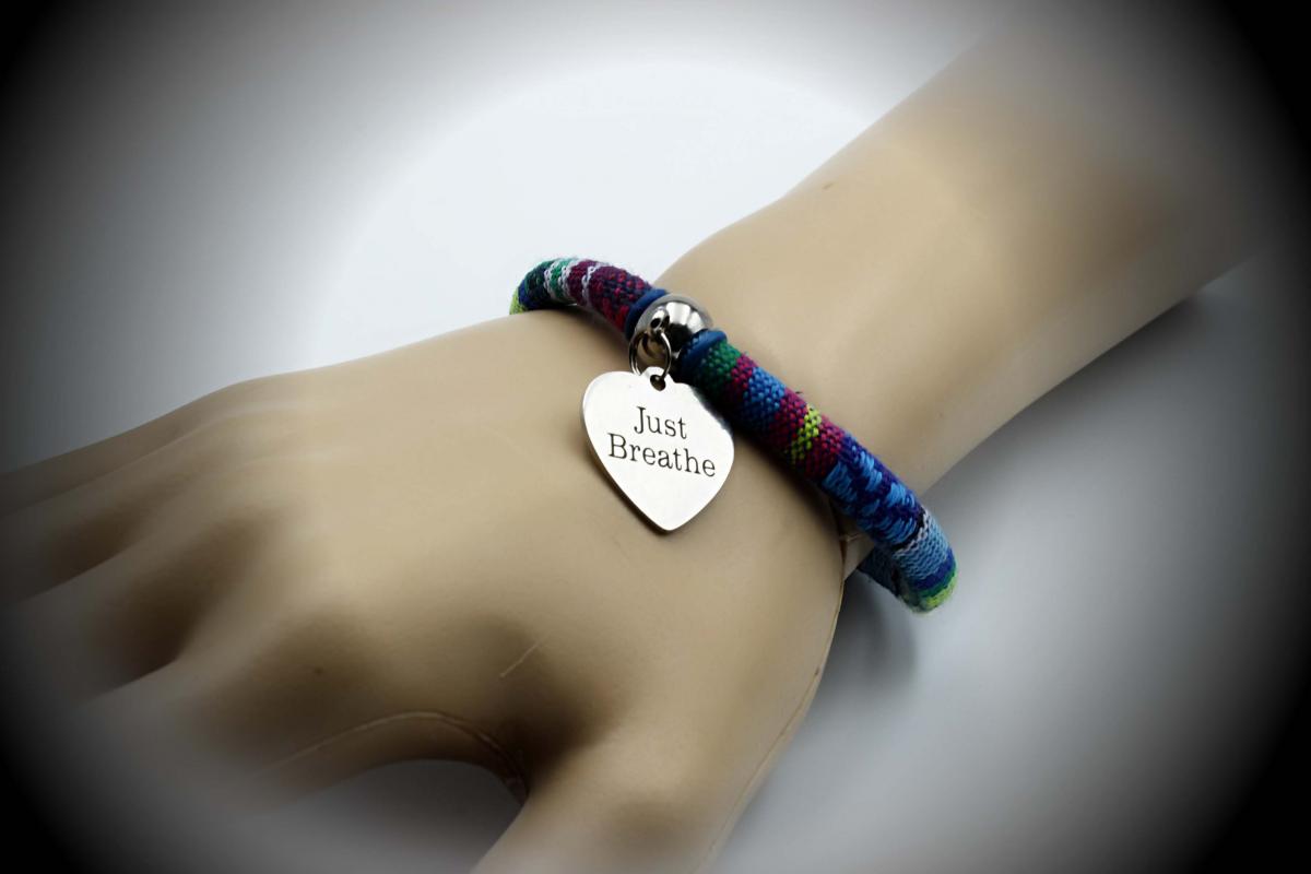 Ethnic Dangle Charm Inspirational Bracelet - "Just Breathe"