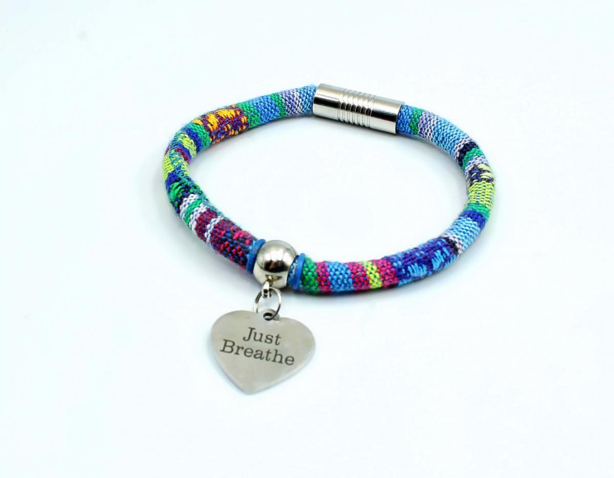 Ethnic Dangle Charm Inspirational Bracelet - "Just Breathe"