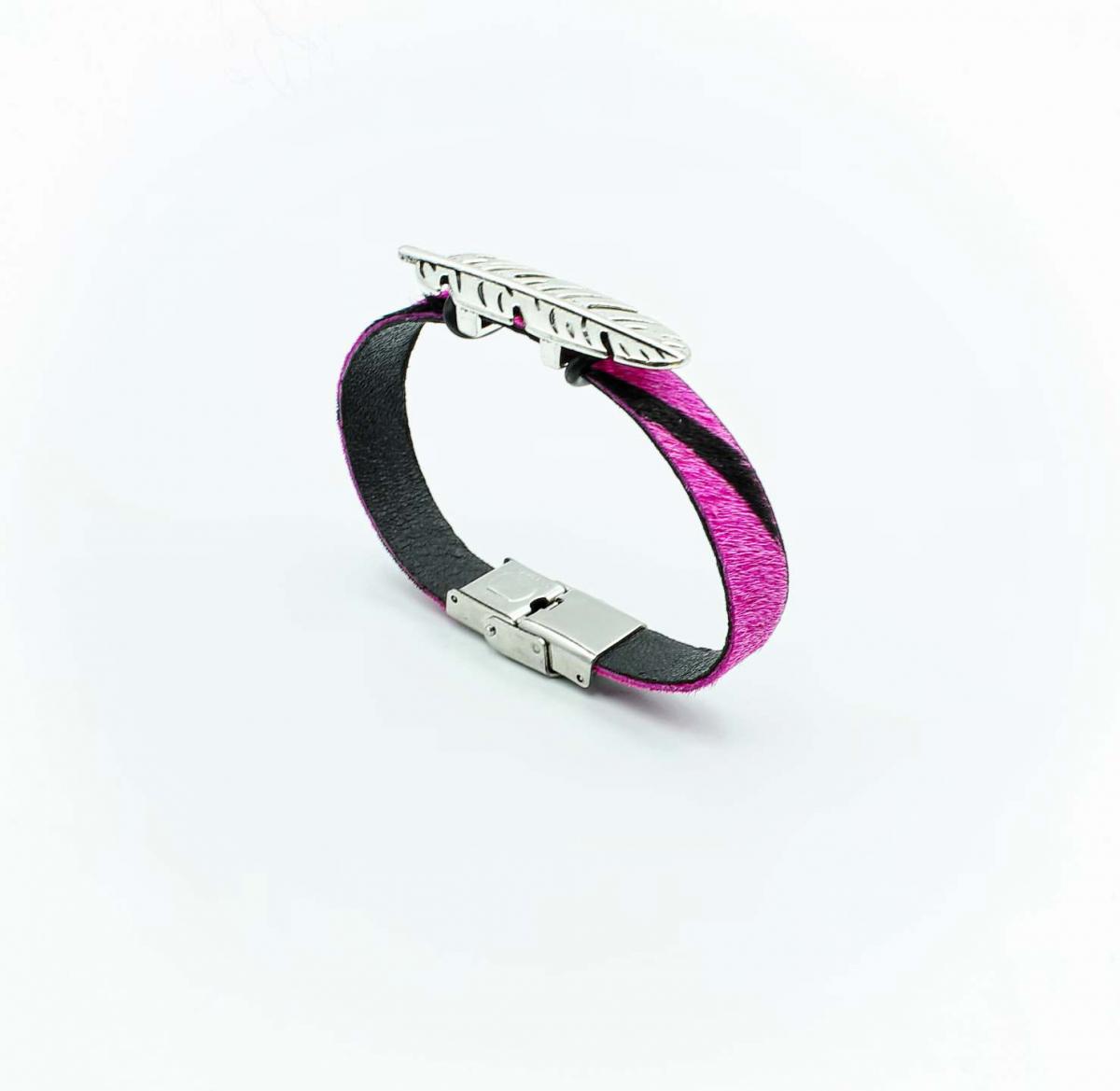 Feather Leather Bracelet - Hair On Fuchsia Zebra Design