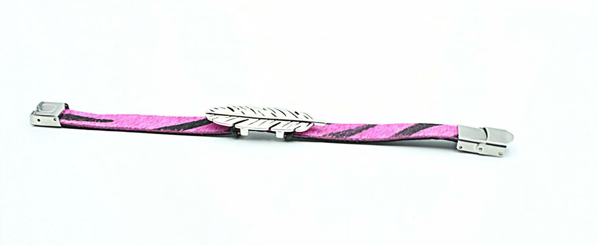 Feather Leather Bracelet - Hair On Fuchsia Zebra Design