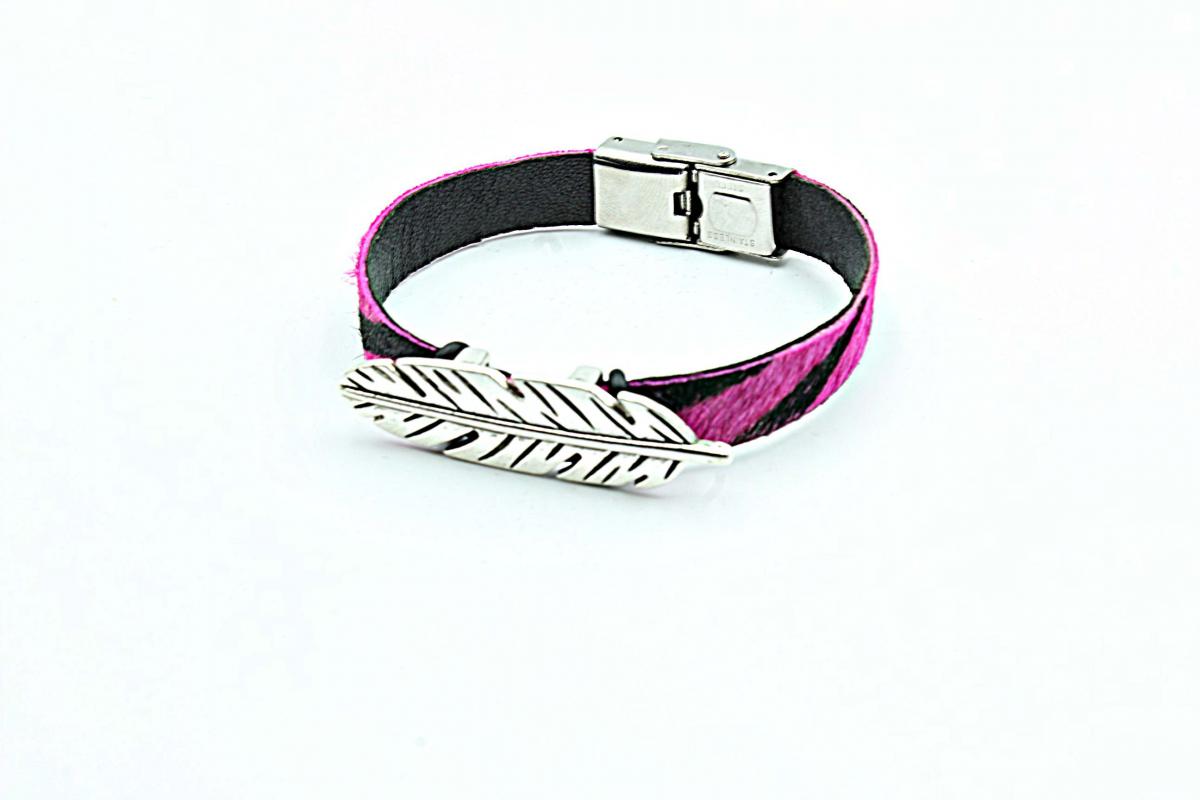 Feather Leather Bracelet - Hair On Fuchsia Zebra Design