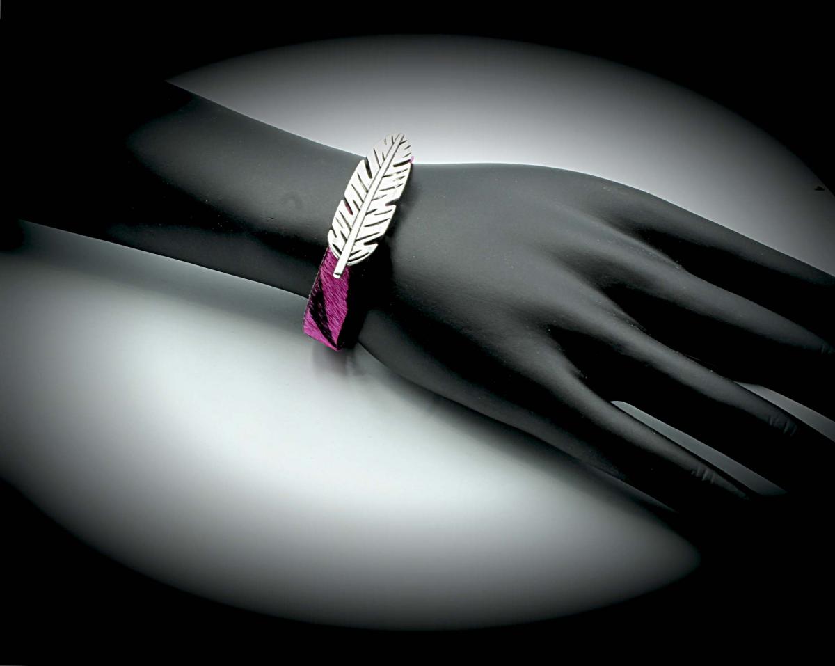 Feather Leather Bracelet - Hair On Fuchsia Zebra Design