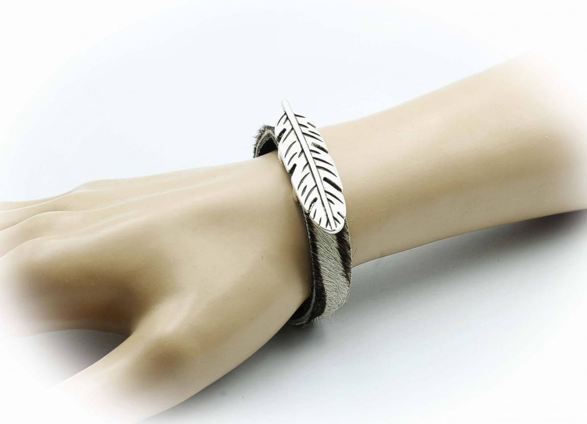 Feather Leather Bracelet - Hair On Zebra Design 