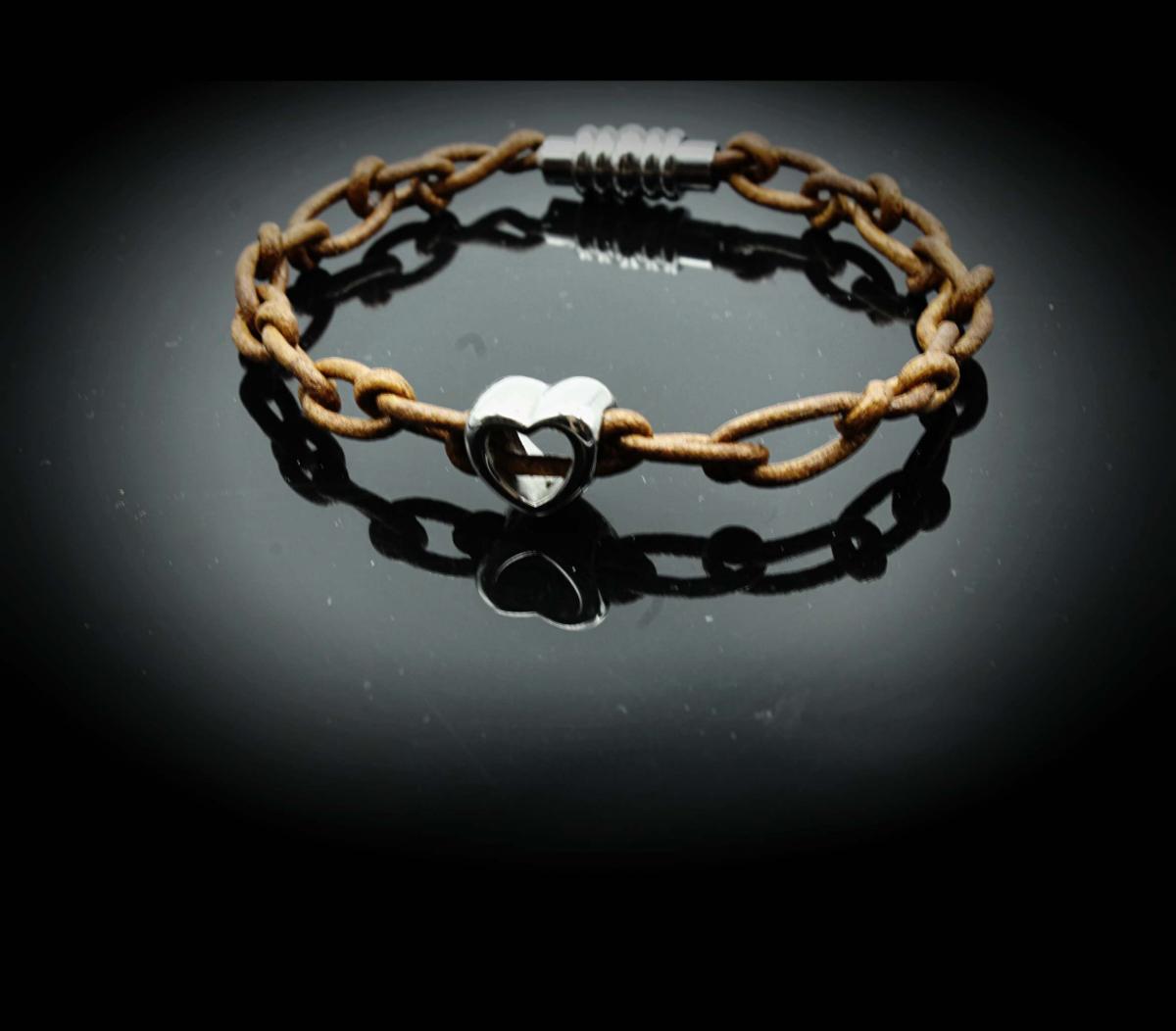 Latte Link Chain Leather Heart Bracelet