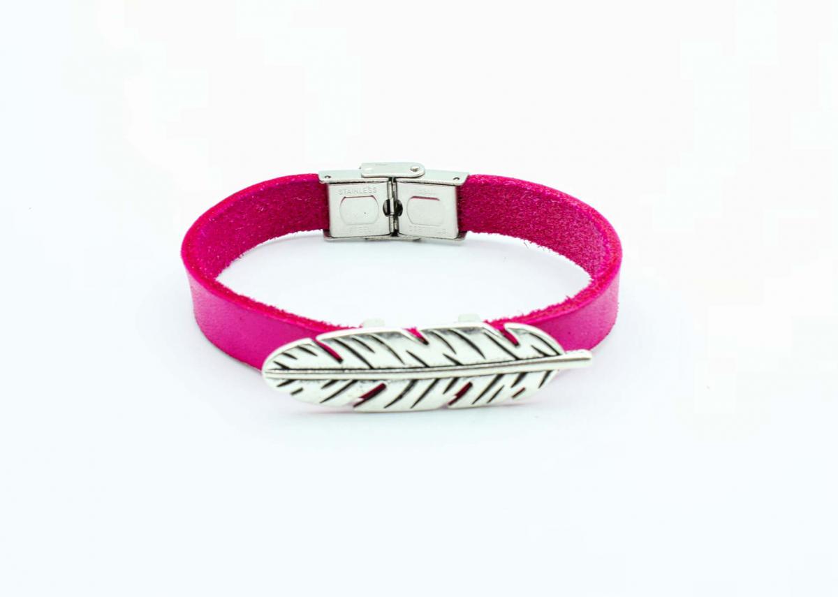 Feather Hot Pink Genuine Leather Bracelet