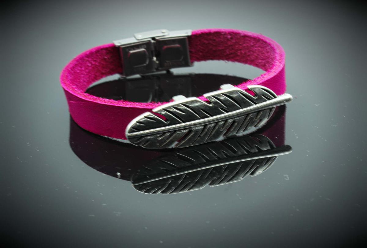 Feather Hot Pink Genuine Leather Bracelet