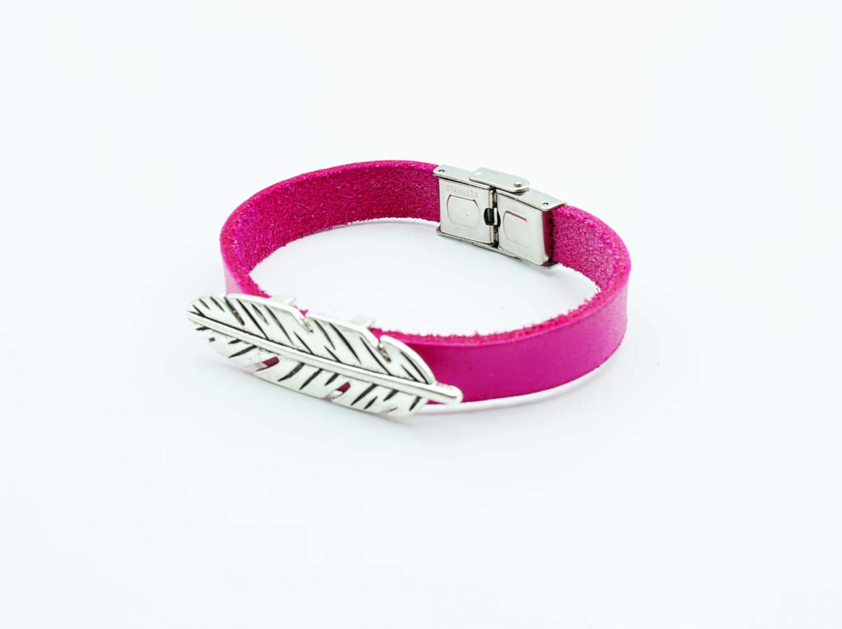 Feather Hot Pink Genuine Leather Bracelet