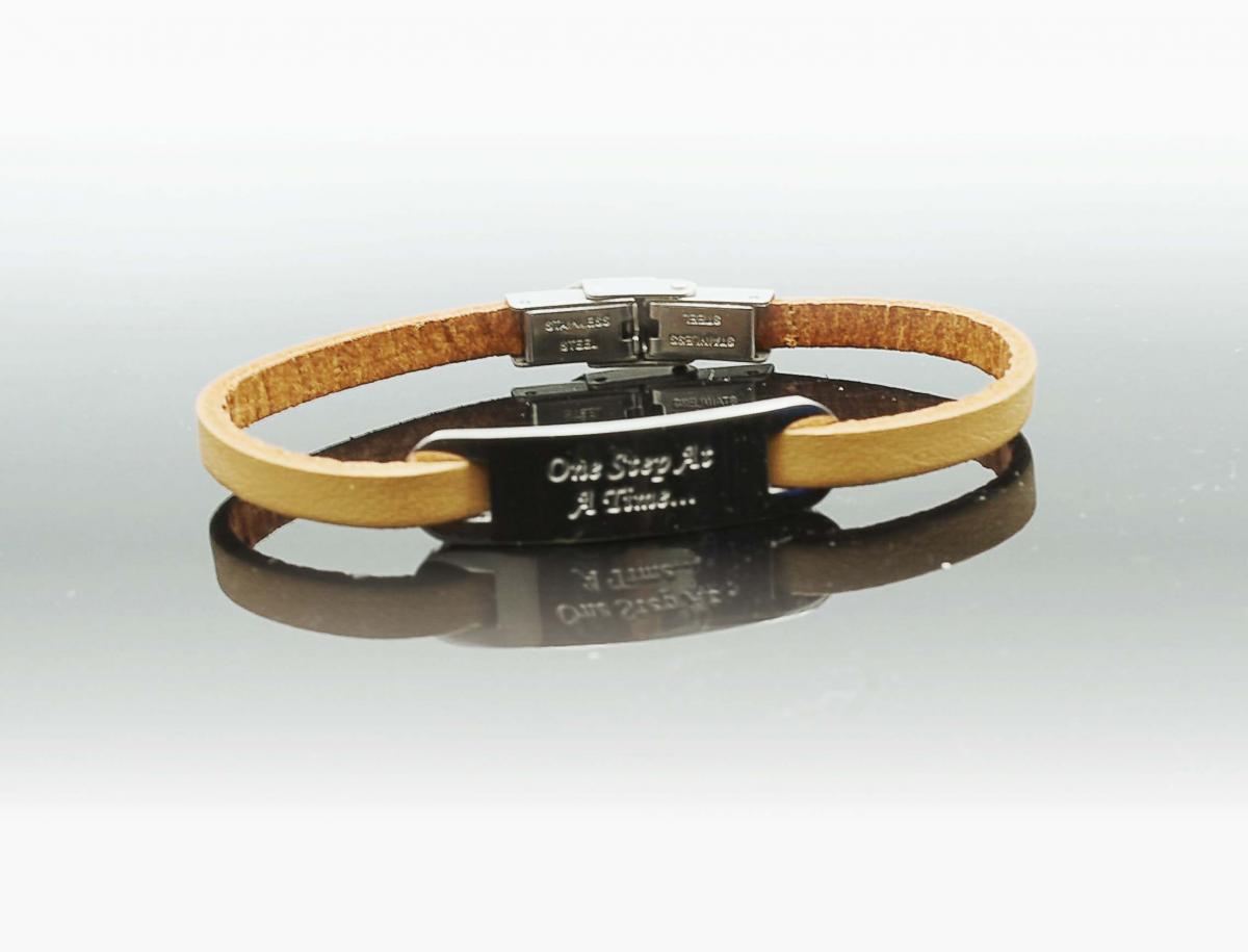 Inspirational Bracelet - Steel Natural Tan Leather & Steel Customised.