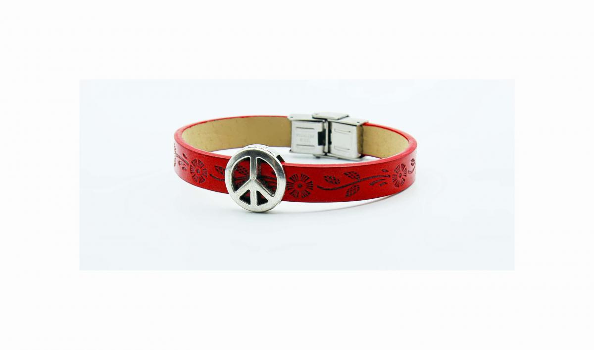 Peace Bracelet Red Dandelion Stamped Leather