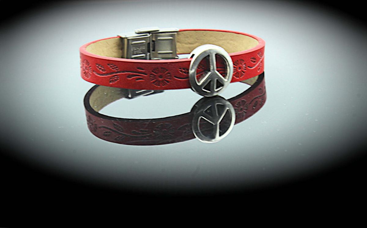 Peace Bracelet Red Dandelion Stamped Leather