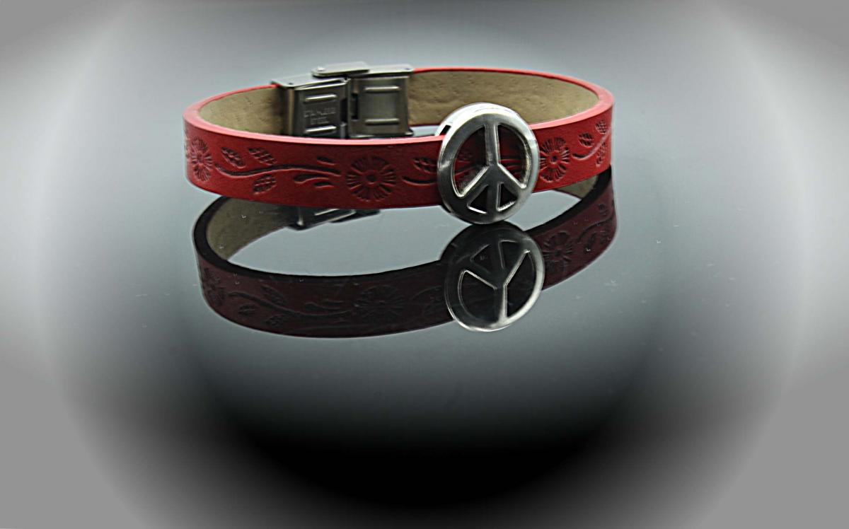 Peace Bracelet Red Dandelion Stamped Leather