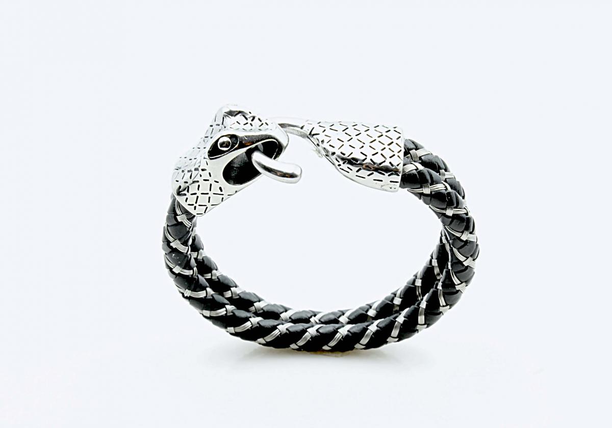 Snake Head Steel Wire Unisex Braided Leather Bracelet.