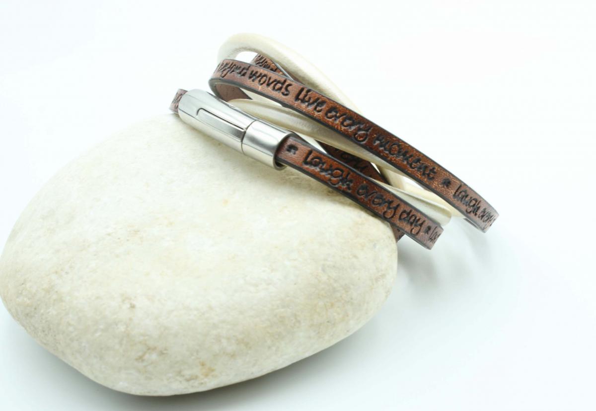 Wrap Around Double Layer Coffee & Cream Leather Inspirational Bracelet