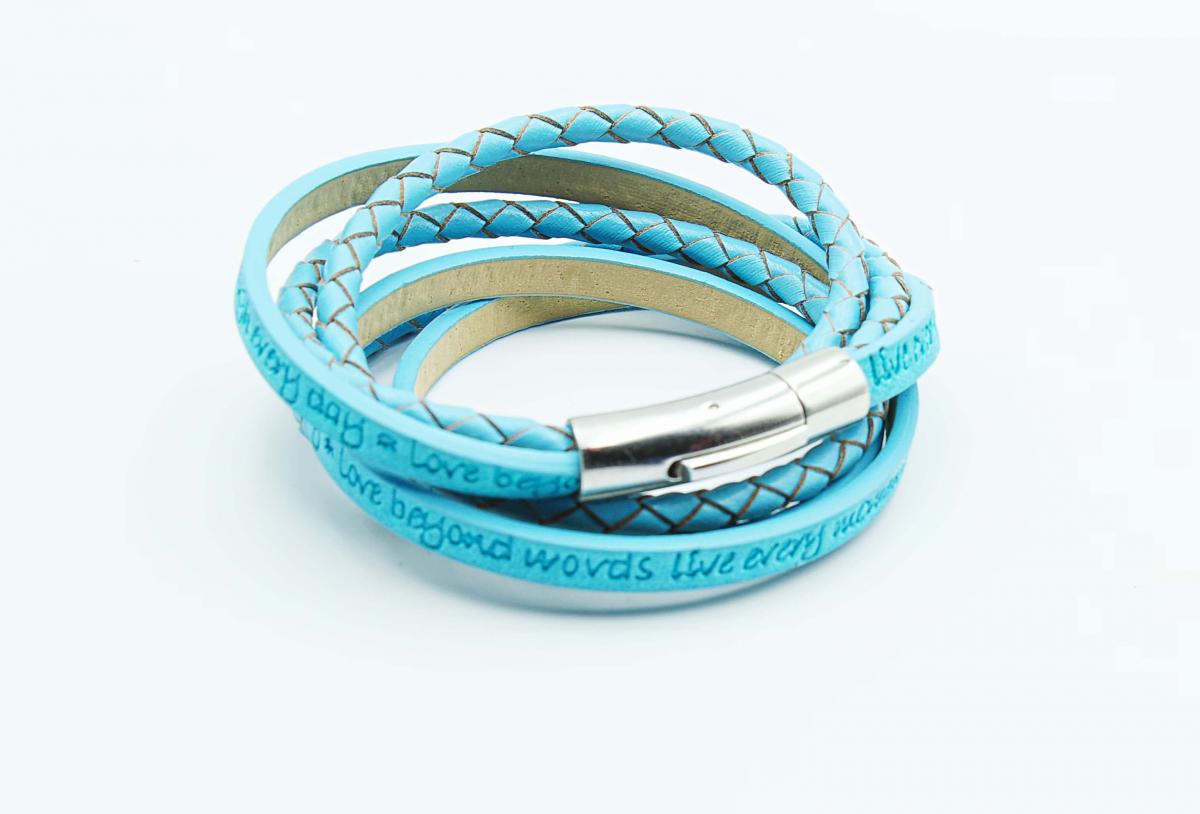 Wrap Around Double Layer Sky Blue Leather Inspirational Bracelet