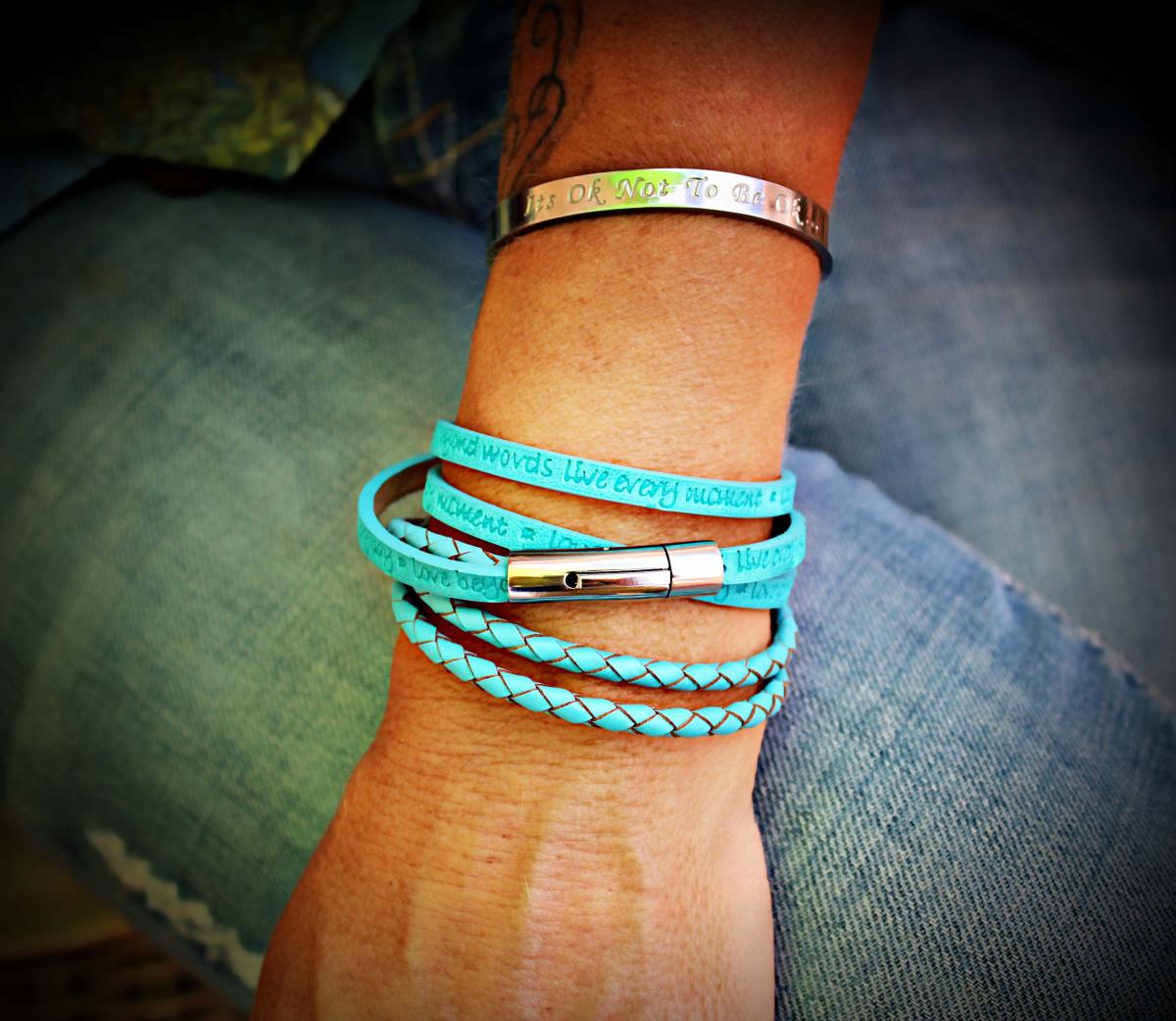 Wrap Around Double Layer Sky Blue Leather Inspirational Bracelet