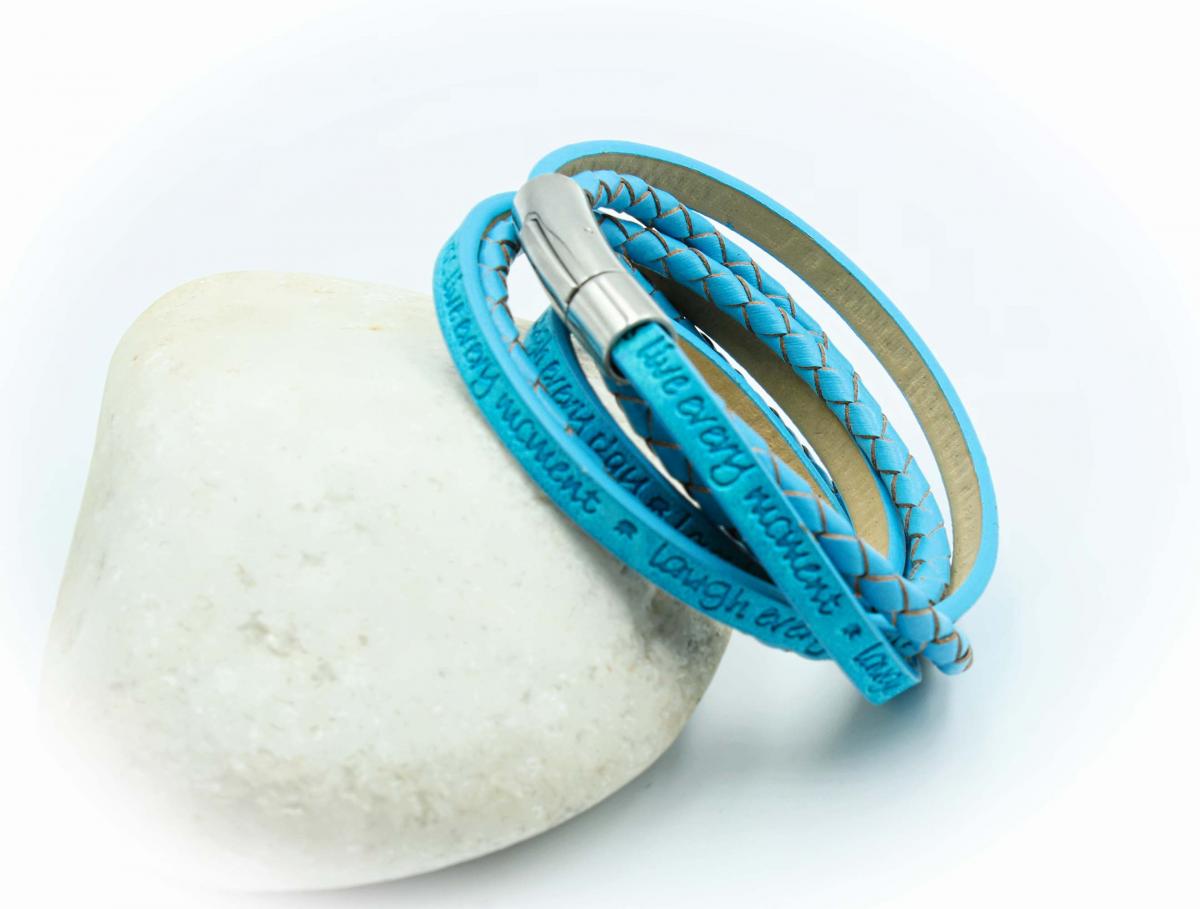 Wrap Around Double Layer Sky Blue Leather Inspirational Bracelet