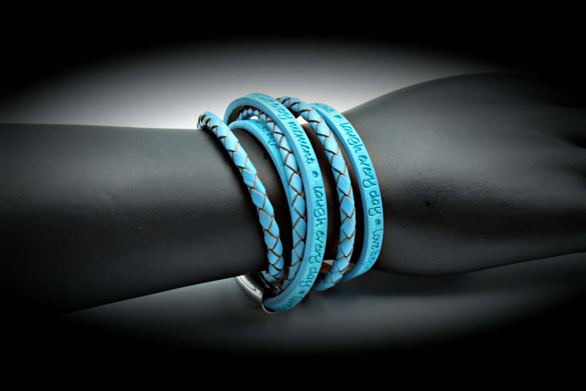 Wrap Around Double Layer Sky Blue Leather Inspirational Bracelet