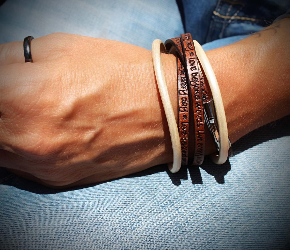 Wrap Around Double Layer  Coffee & Cream Leather  Inspirational Bracelet