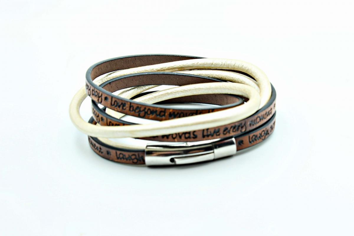Wrap Around Double Layer Coffee & Cream Leather Inspirational Bracelet