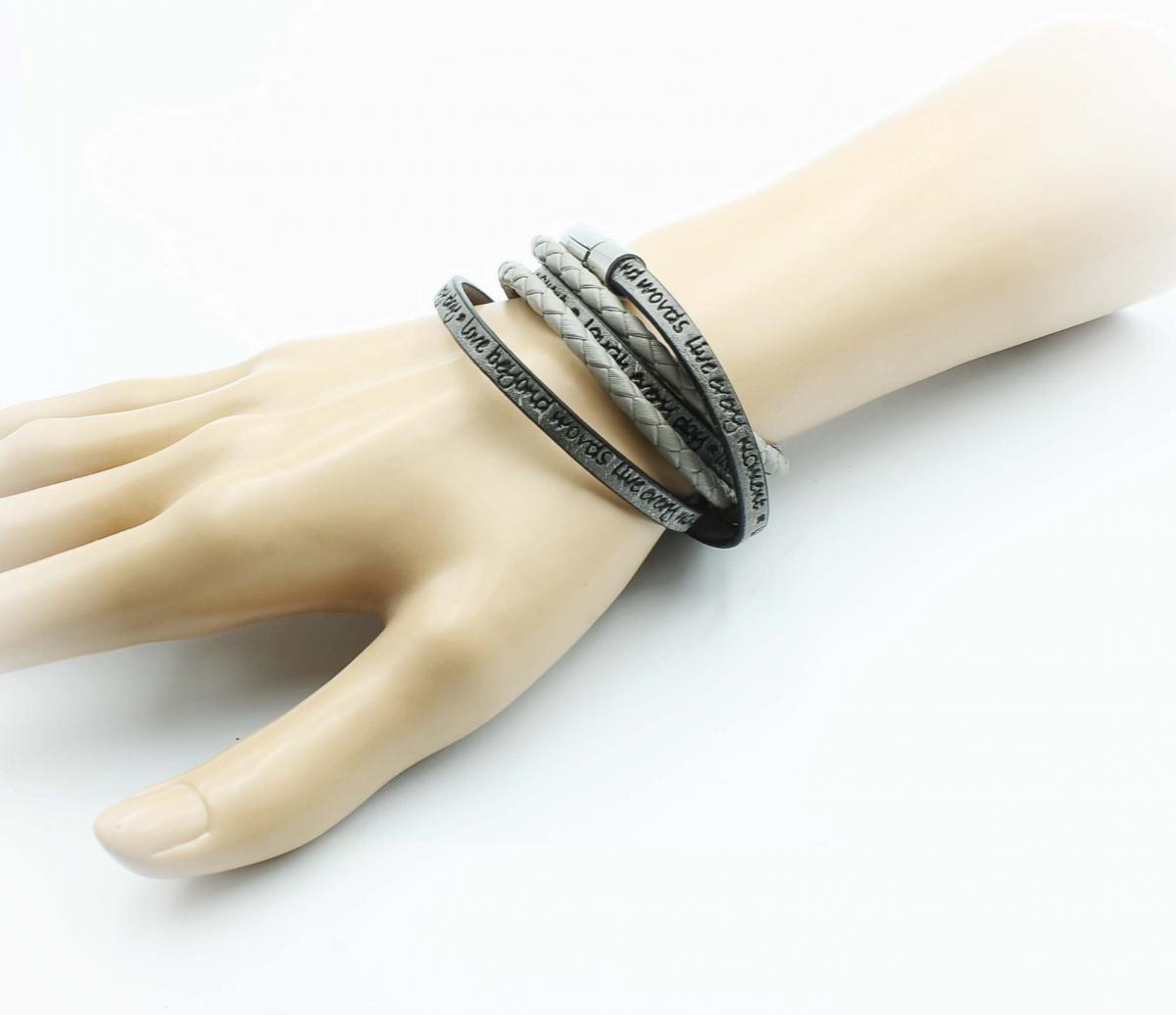 Wrap Around Double Layer Graphite Grey Leather Inspirational Bracelet