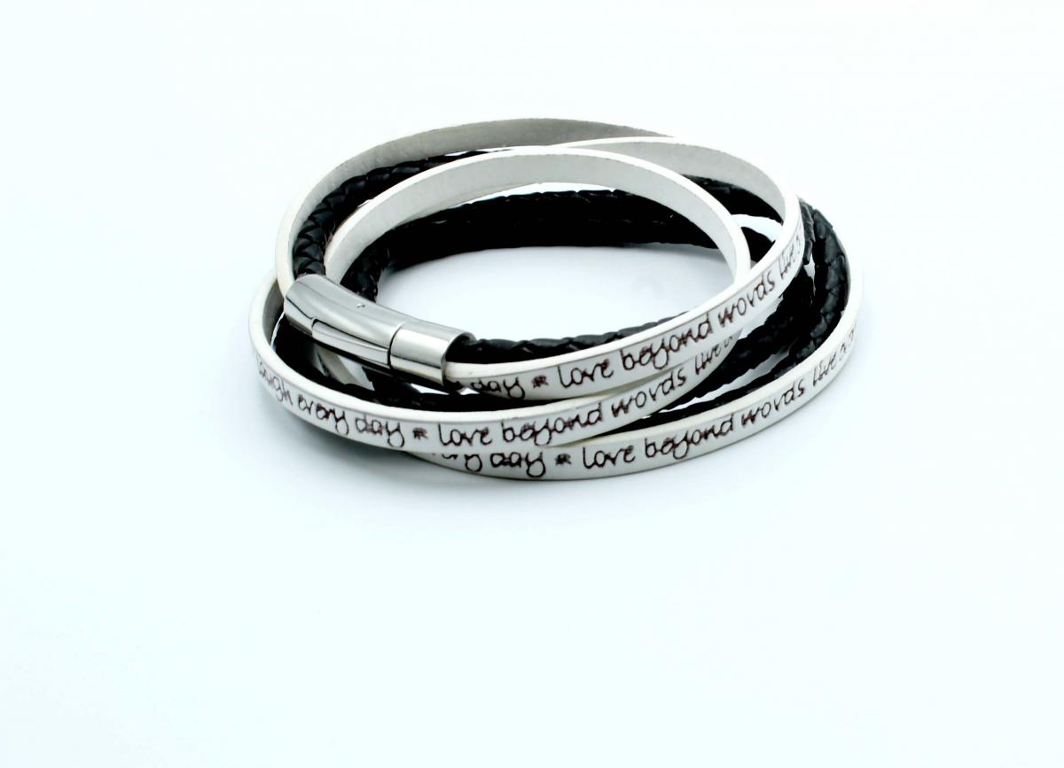 Wrap Around Double Layer Black & White Leather Inspirational Bracelet