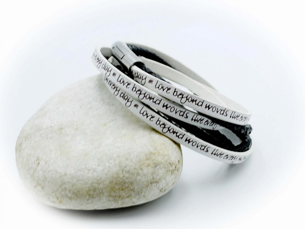 Wrap Around Double Layer Black & White Leather Inspirational Bracelet