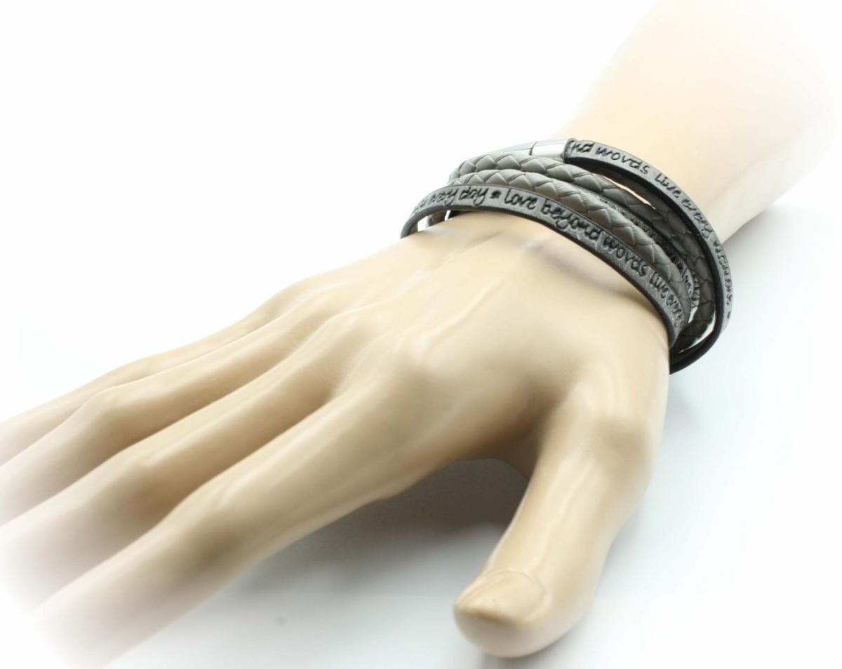 Wrap Around Double Layer Graphite Grey Leather Inspirational Bracelet