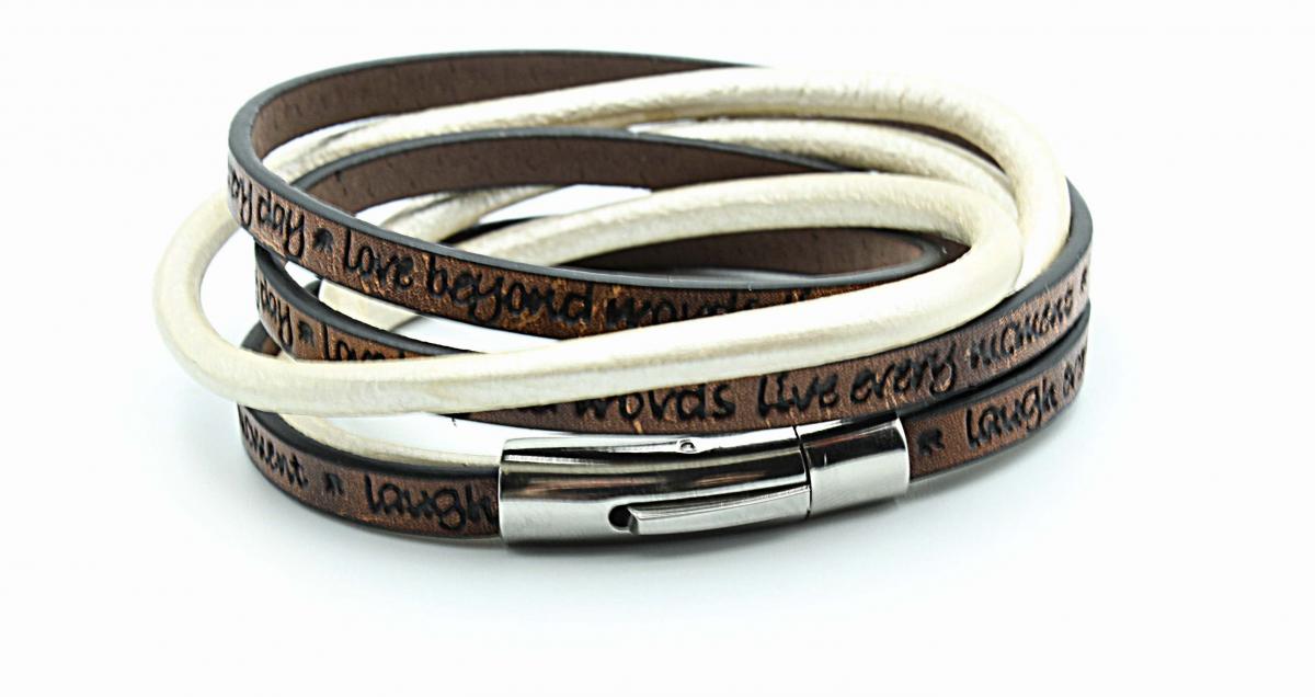 Wrap Around Double Layer  Coffee & Cream Leather  Inspirational Bracelet