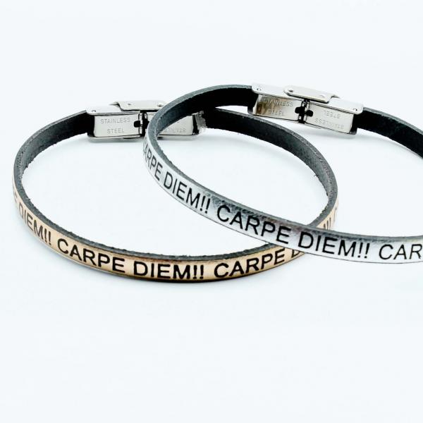 Carpe Diem Genuine Metallic Leather Bracelet
