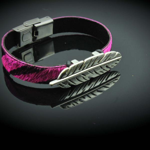 Feather Leather Bracelet - Hair On Fuchsia Zebra Design