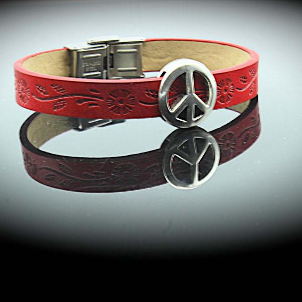 Peace Bracelet Red Dandelion Stamped Leather