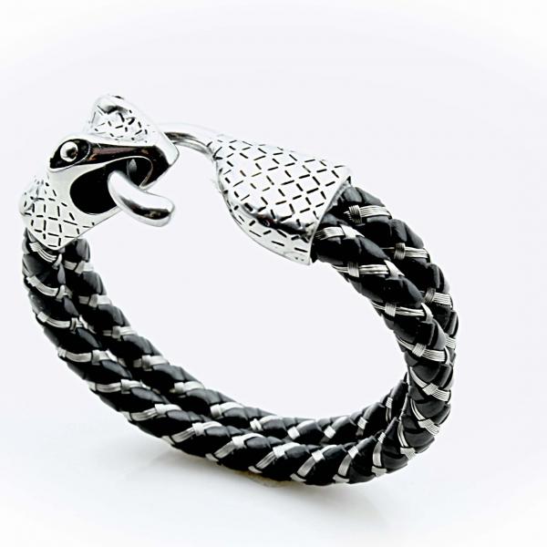 Snake Head Steel Wire Unisex Braided Leather Bracelet.