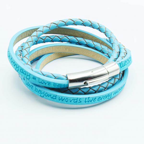 Wrap Around Double Layer Sky Blue Leather Inspirational Bracelet