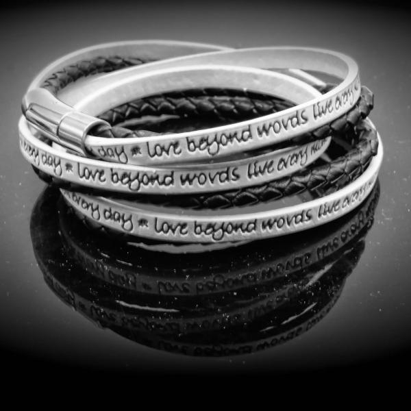 Wrap Around Double Layer Black & White Leather Inspirational Bracelet