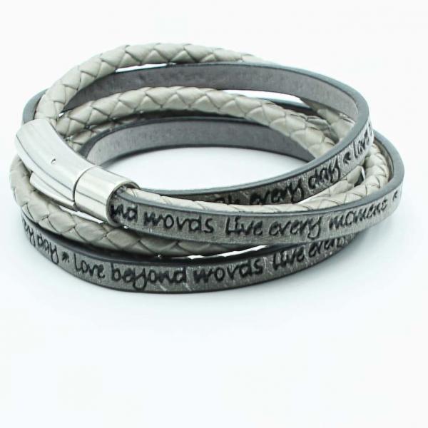 Wrap Around Double Layer Graphite Grey Leather Inspirational Bracelet